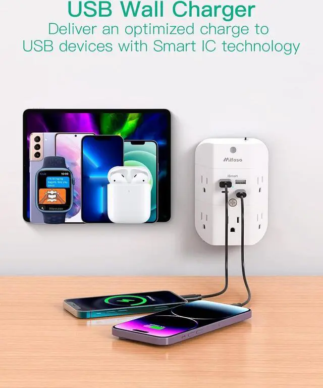 Alt view image 4 of 7 - Surge Protector Outlet Extender - with Night Light, 5-Outlet Splitter and 4 USB Ports (2 USB C Charger), Multi Plug Outlet for Home, Dorm Room Essentials