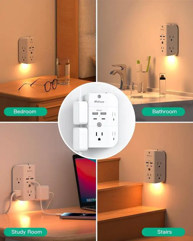 Alt view image 6 of 7 - Surge Protector Outlet Extender - with Night Light, 5-Outlet Splitter and 4 USB Ports (2 USB C Charger), Multi Plug Outlet for Home, Dorm Room Essentials