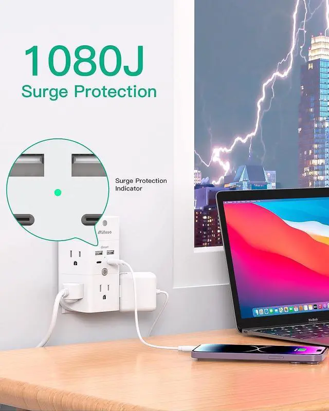 Alt view image 5 of 7 - Surge Protector Outlet Extender - with Night Light, 5-Outlet Splitter and 4 USB Ports (2 USB C Charger), Multi Plug Outlet for Home, Dorm Room Essentials