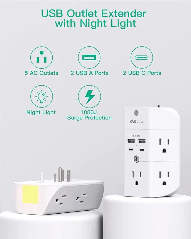 Alt view image 7 of 7 - Surge Protector Outlet Extender - with Night Light, 5-Outlet Splitter and 4 USB Ports (2 USB C Charger), Multi Plug Outlet for Home, Dorm Room Essentials