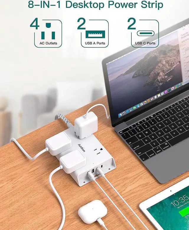 Alt view image 2 of 7 - Surge Protector Power Strip, Addtam 5 ft Flat Plug Extension Cord with 4 USB Wall Charger(2 USB C Port), 4 Widely Outlets Desk Charging Station, Home Office and College Dorm Room Essentials