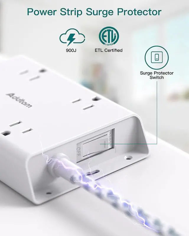 Alt view image 6 of 7 - Surge Protector Power Strip, Addtam 5 ft Flat Plug Extension Cord with 4 USB Wall Charger(2 USB C Port), 4 Widely Outlets Desk Charging Station, Home Office and College Dorm Room Essentials