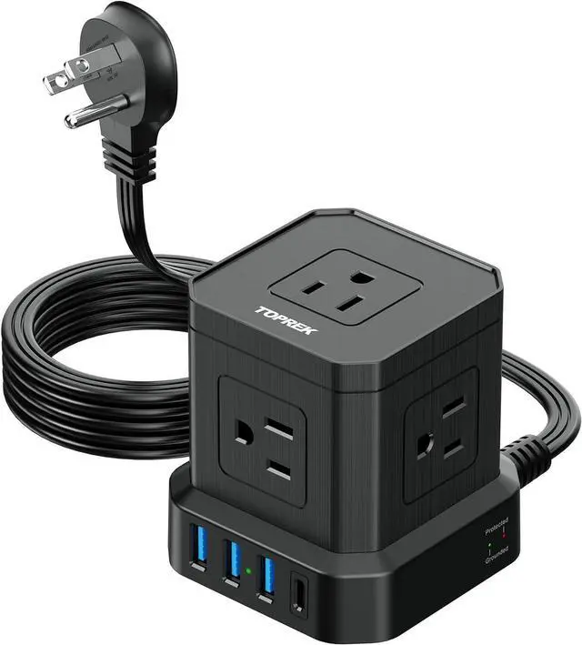 Main image of TOPREK Power Strip with USB, USB C (3.0A) Power Strip with 5 Outlets, 1 USB-C & 3 USB-A, 5 FT Flat Extension Cord with Ultra Thin Flat Plug, Surge Protector Compact for Home Office, Dorm, Hotel Travel