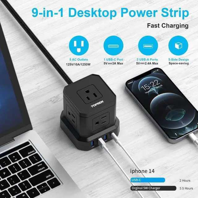 Alt view image 2 of 7 - TOPREK Power Strip with USB, USB C (3.0A) Power Strip with 5 Outlets, 1 USB-C & 3 USB-A, 5 FT Flat Extension Cord with Ultra Thin Flat Plug, Surge Protector Compact for Home Office, Dorm, Hotel Travel