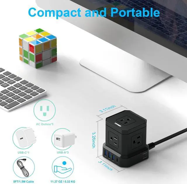 Alt view image 5 of 7 - TOPREK Power Strip with USB, USB C (3.0A) Power Strip with 5 Outlets, 1 USB-C & 3 USB-A, 5 FT Flat Extension Cord with Ultra Thin Flat Plug, Surge Protector Compact for Home Office, Dorm, Hotel Travel