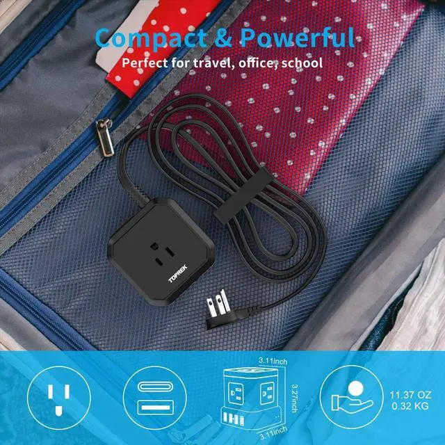 Alt view image 6 of 7 - TOPREK Power Strip with USB, USB C (3.0A) Power Strip with 5 Outlets, 1 USB-C & 3 USB-A, 5 FT Flat Extension Cord with Ultra Thin Flat Plug, Surge Protector Compact for Home Office, Dorm, Hotel Travel