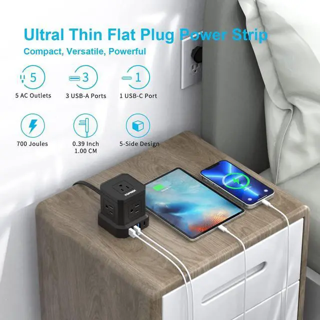 Alt view image 7 of 7 - TOPREK Power Strip with USB, USB C (3.0A) Power Strip with 5 Outlets, 1 USB-C & 3 USB-A, 5 FT Flat Extension Cord with Ultra Thin Flat Plug, Surge Protector Compact for Home Office, Dorm, Hotel Travel