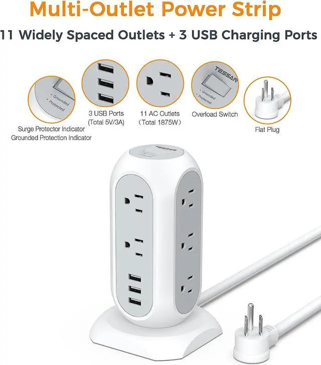 Alt view image 2 of 6 - Tower Power Strip with 11 Outlets 3 USB Chargers, TESSAN Surge Protector Tower 1875W/15A, 6 Feet Extension Cord with Multiple Outlets, Flat Plug, Office Supplies, Desk Accessories, Dorm Essentials