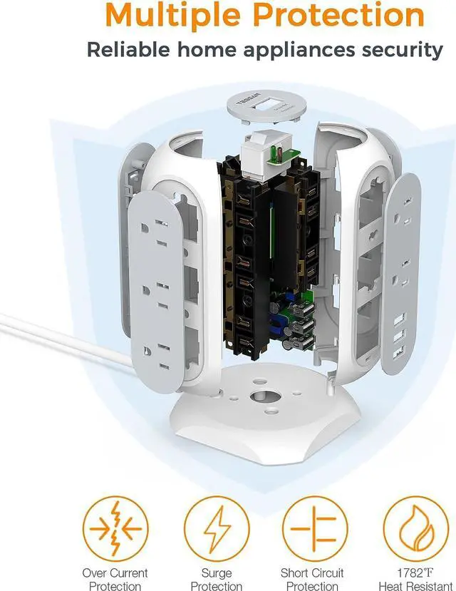 Alt view image 3 of 6 - Tower Power Strip with 11 Outlets 3 USB Chargers, TESSAN Surge Protector Tower 1875W/15A, 6 Feet Extension Cord with Multiple Outlets, Flat Plug, Office Supplies, Desk Accessories, Dorm Essentials