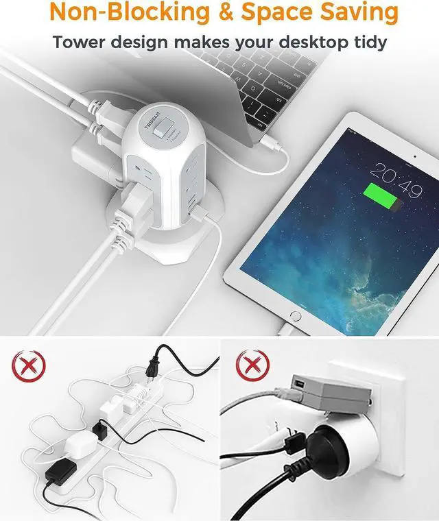 Alt view image 5 of 6 - Tower Power Strip with 11 Outlets 3 USB Chargers, TESSAN Surge Protector Tower 1875W/15A, 6 Feet Extension Cord with Multiple Outlets, Flat Plug, Office Supplies, Desk Accessories, Dorm Essentials