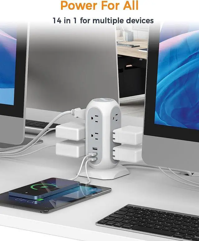 Alt view image 6 of 6 - Tower Power Strip with 11 Outlets 3 USB Chargers, TESSAN Surge Protector Tower 1875W/15A, 6 Feet Extension Cord with Multiple Outlets, Flat Plug, Office Supplies, Desk Accessories, Dorm Essentials
