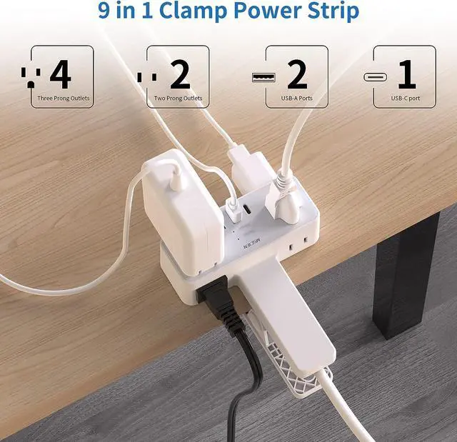 Alt view image 3 of 7 - Desk Clamp Power Strip with USB Ports, Mscien 6FT Extension Cord with Multiple Outlets, Surge Protector Power Strip with 6 Outlet & 3 USB(1 USB C), Desk Mount Edge Desktop Power Strip for Home Office