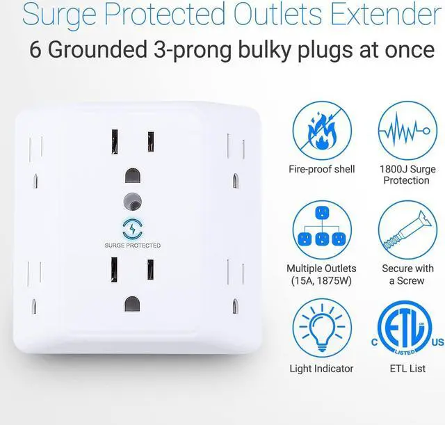 Alt view image 2 of 7 - Unidapt Multi Plug 6 Outlet Extender, 2 Pack Surge Protector Wall Splitter, 1800J Power Strip 3 Side Wide Spaced Adapter Multiple Charger Expander, Mountable Wall Tap for Office Home Travel ETL Listed