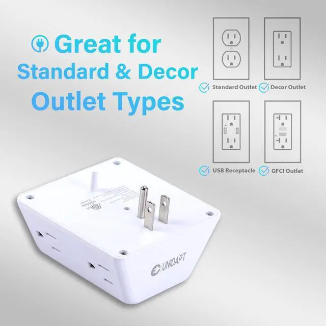 Alt view image 4 of 7 - Unidapt Multi Plug 6 Outlet Extender, 2 Pack Surge Protector Wall Splitter, 1800J Power Strip 3 Side Wide Spaced Adapter Multiple Charger Expander, Mountable Wall Tap for Office Home Travel ETL Listed