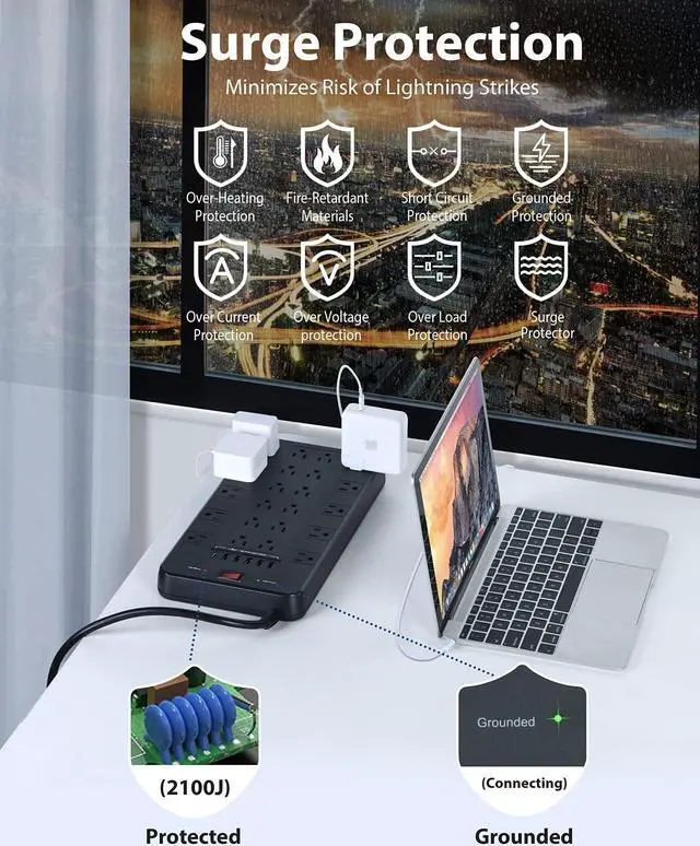 Alt view image 6 of 6 - FDTEK Surge Protector Power Strip, 22 Outlets 6 USB 6.5 Ft Extension Cord | Heavy Duty Power Strip Surge Protection 22 AC Outlets & 6 USB Charging Ports for Home Office Gaming & Dorm Use 2100J
