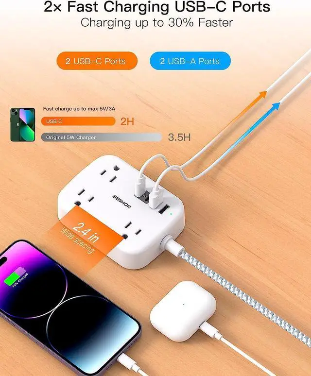 Alt view image 2 of 7 - USB Power Strip, Extension Cord with USB Port, Flat Plug Power Strip, Ultra Flat Extension Cord 5 Ft with 3 Outlets 4 USB Ports(2 USB C), Wall Mount, No Surge Protector for Cruise, Travel, Dorm Room