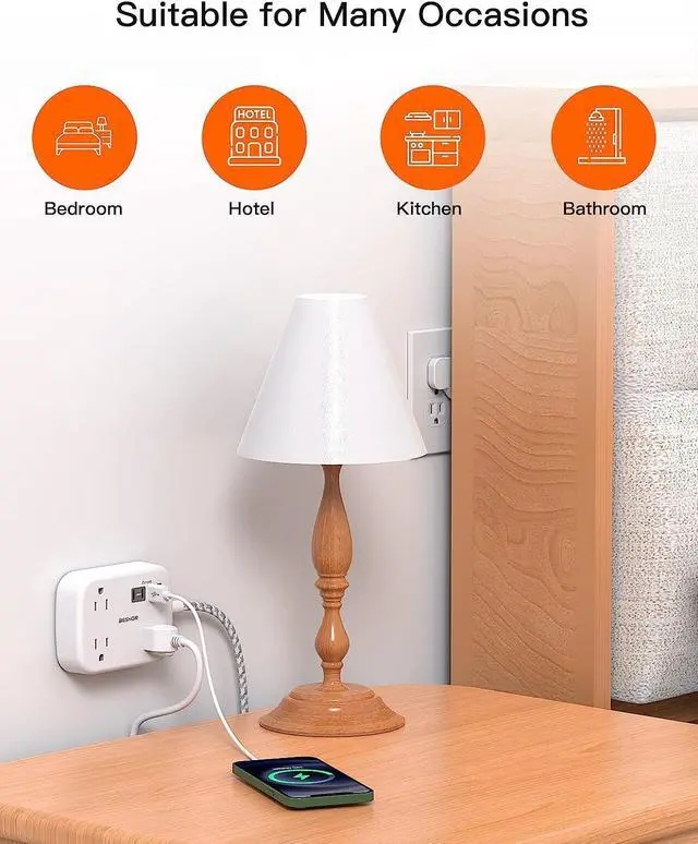 Alt view image 4 of 7 - USB Power Strip, Extension Cord with USB Port, Flat Plug Power Strip, Ultra Flat Extension Cord 5 Ft with 3 Outlets 4 USB Ports(2 USB C), Wall Mount, No Surge Protector for Cruise, Travel, Dorm Room