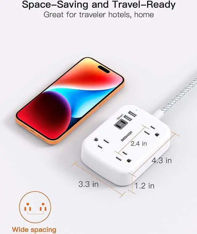 Alt view image 7 of 7 - USB Power Strip, Extension Cord with USB Port, Flat Plug Power Strip, Ultra Flat Extension Cord 5 Ft with 3 Outlets 4 USB Ports(2 USB C), Wall Mount, No Surge Protector for Cruise, Travel, Dorm Room