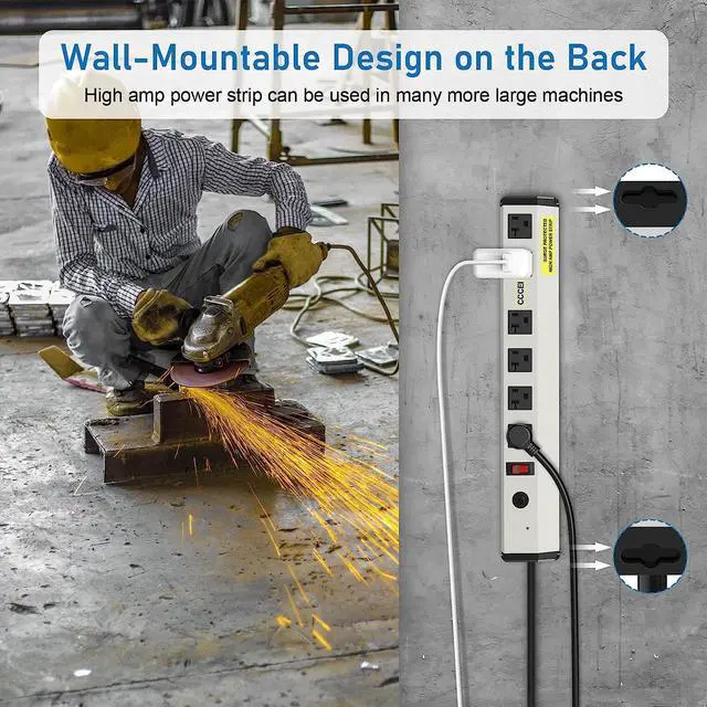 Alt view image 4 of 7 - CCCEI Heavy Duty Power Strip Surge Protector 20 Amp, High Amp Industrial Shop Garage Metal Multiple Outlets, 6 FT 12 Gauge 5-15P Extension Cord 6 Outlet 6-20R T-Slot 20a for Appliance.