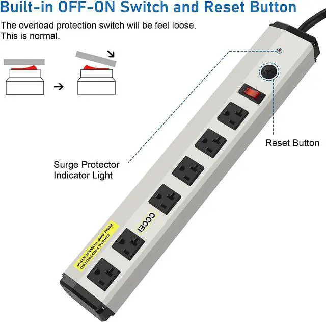 Alt view image 6 of 7 - CCCEI Heavy Duty Power Strip Surge Protector 20 Amp, High Amp Industrial Shop Garage Metal Multiple Outlets, 6 FT 12 Gauge 5-15P Extension Cord 6 Outlet 6-20R T-Slot 20a for Appliance.