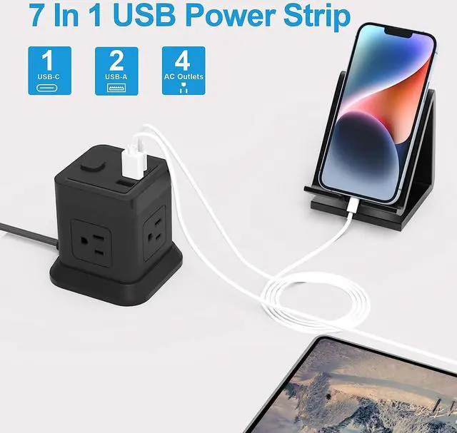 Alt view image 2 of 7 - Power Strip with USB C Ports, FDTEK Power Cube with USB C, PD 20W Fast Charge Power Cube with 4 Outlets and 3 USB, 10FT Flat Plug Power Strip for Home, Office, Dorm Room Essentials