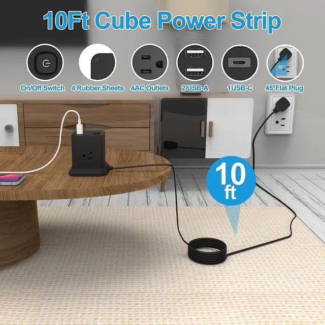 Alt view image 5 of 7 - Power Strip with USB C Ports, FDTEK Power Cube with USB C, PD 20W Fast Charge Power Cube with 4 Outlets and 3 USB, 10FT Flat Plug Power Strip for Home, Office, Dorm Room Essentials
