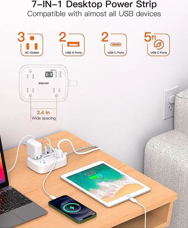 Alt view image 5 of 7 - USB Power Strip, Extension Cord with USB Port, Flat Plug Power Strip, Ultra Flat Extension Cord 5 Ft with 3 Outlets 4 USB Ports(2 USB C), Wall Mount, No Surge Protector for Cruise, Travel, Dorm Room