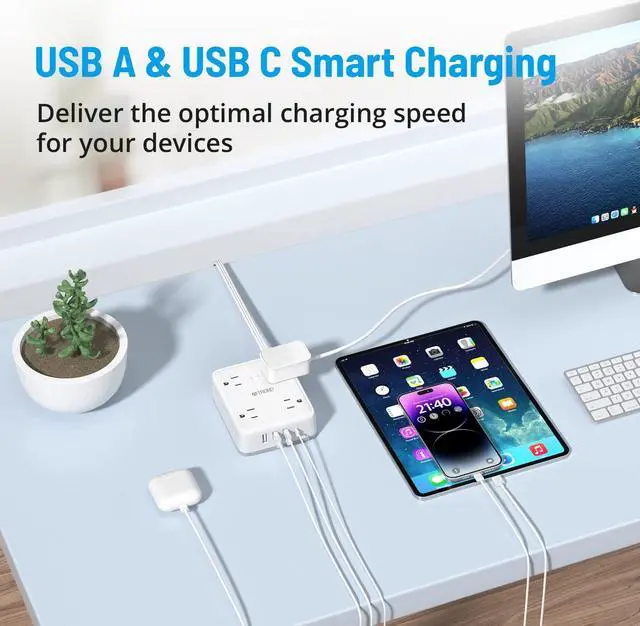 Alt view image 4 of 7 - TROND Surge Protector Power Strip with USB, Ultra Thin Flat Plug 5ft Extension Cord 1625W, 3 USB A & 1 USB C, 8AC Outlets 1440J Surge Protection Wall Mount for Home Office Dorm Room Essentials, White