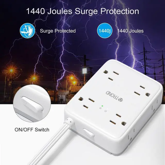 Alt view image 6 of 7 - TROND Surge Protector Power Strip with USB, Ultra Thin Flat Plug 5ft Extension Cord 1625W, 3 USB A & 1 USB C, 8AC Outlets 1440J Surge Protection Wall Mount for Home Office Dorm Room Essentials, White