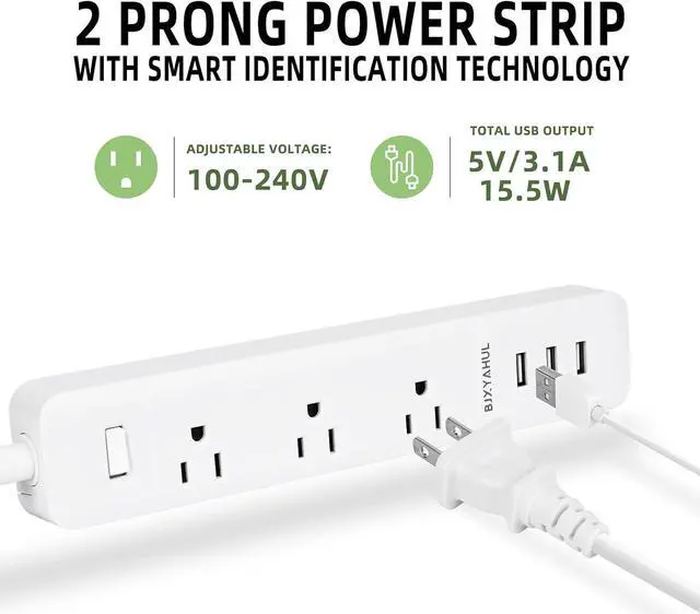 Alt view image 2 of 7 - 2 Prong to 3 Prong Power Strip, Two Prong Surge Protector with 6FT Long Cord, 3 AC Outlets 2 Prong to 3 Prong Extension Cord with 3 USB Ports(5V 3.1A) for Non-Grounded Outlets for Home/Office, White