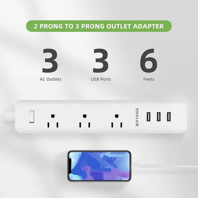 Alt view image 3 of 7 - 2 Prong to 3 Prong Power Strip, Two Prong Surge Protector with 6FT Long Cord, 3 AC Outlets 2 Prong to 3 Prong Extension Cord with 3 USB Ports(5V 3.1A) for Non-Grounded Outlets for Home/Office, White