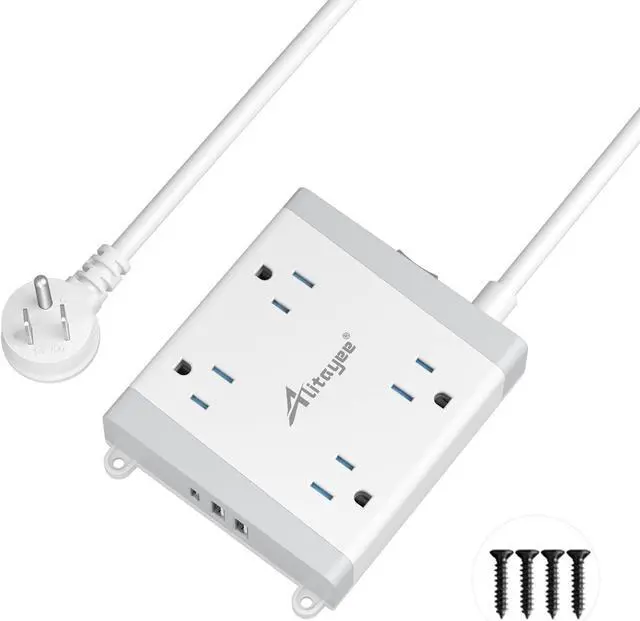 Main image of Alitayee Mountable Surge Protector Power Strip, Wall Mount Power Strip with 4 Outlets and 3 USB, Flat Plug, Shutter Safety and Circuit Breaker Switch, 6 Ft Extension Cord for College Home Office Dorm