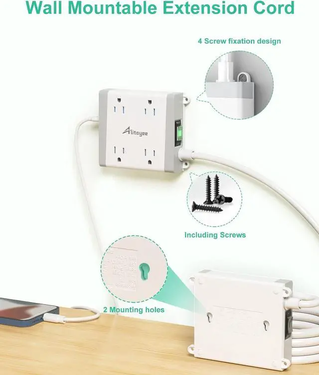 Alt view image 2 of 7 - Alitayee Mountable Surge Protector Power Strip, Wall Mount Power Strip with 4 Outlets and 3 USB, Flat Plug, Shutter Safety and Circuit Breaker Switch, 6 Ft Extension Cord for College Home Office Dorm