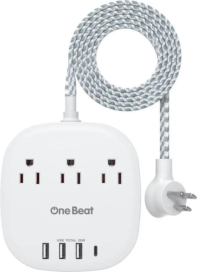 Main image of PD 20W USB C 3 Outlet 4 USB Ports Flat Plug Power Strip No Surge Protector for Cruise Ship Travel, 5 ft Long Extension Cords, Power Delivery, Desktop Power Strip for Dorm Home Office