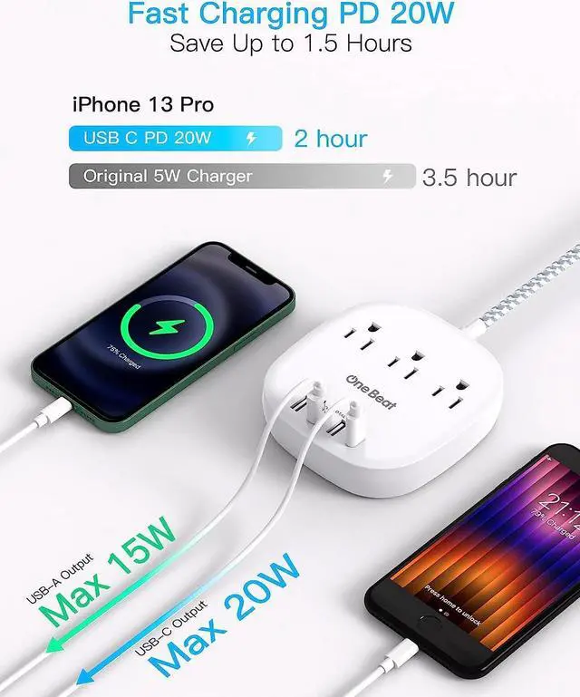 Alt view image 2 of 7 - PD 20W USB C 3 Outlet 4 USB Ports Flat Plug Power Strip No Surge Protector for Cruise Ship Travel, 5 ft Long Extension Cords, Power Delivery, Desktop Power Strip for Dorm Home Office