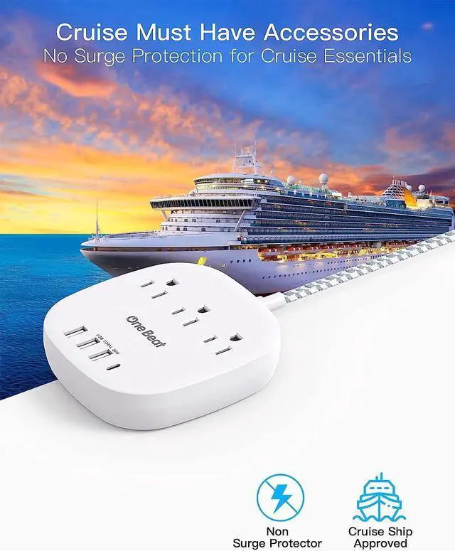 Alt view image 3 of 7 - PD 20W USB C 3 Outlet 4 USB Ports Flat Plug Power Strip No Surge Protector for Cruise Ship Travel, 5 ft Long Extension Cords, Power Delivery, Desktop Power Strip for Dorm Home Office