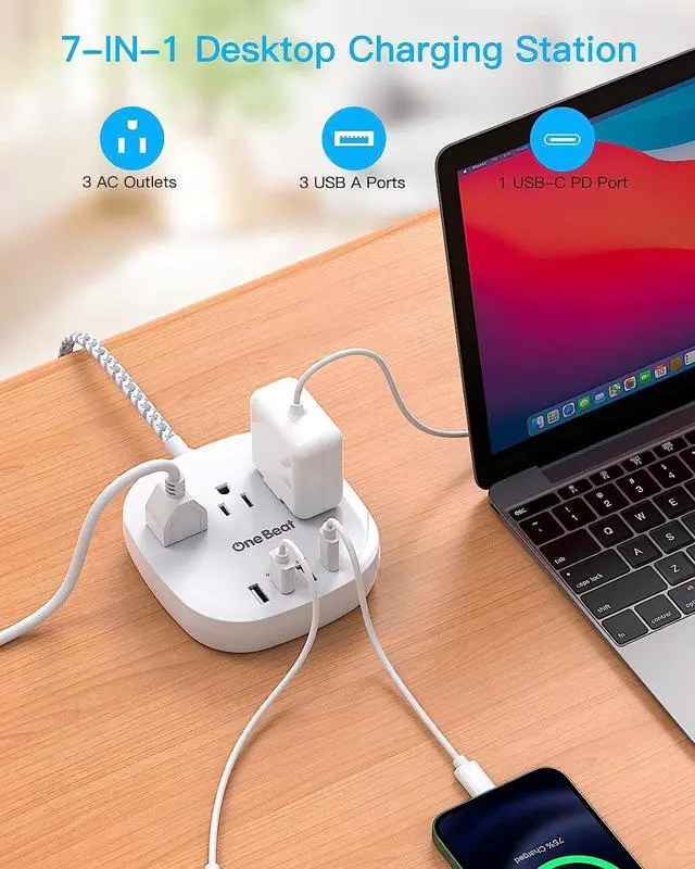 Alt view image 4 of 7 - PD 20W USB C 3 Outlet 4 USB Ports Flat Plug Power Strip No Surge Protector for Cruise Ship Travel, 5 ft Long Extension Cords, Power Delivery, Desktop Power Strip for Dorm Home Office
