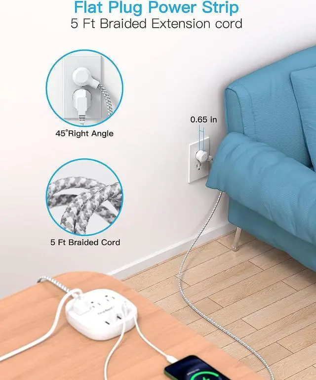 Alt view image 5 of 7 - PD 20W USB C 3 Outlet 4 USB Ports Flat Plug Power Strip No Surge Protector for Cruise Ship Travel, 5 ft Long Extension Cords, Power Delivery, Desktop Power Strip for Dorm Home Office
