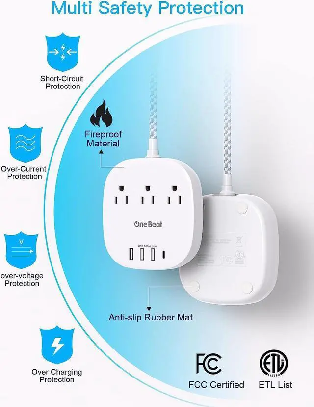 Alt view image 7 of 7 - PD 20W USB C 3 Outlet 4 USB Ports Flat Plug Power Strip No Surge Protector for Cruise Ship Travel, 5 ft Long Extension Cords, Power Delivery, Desktop Power Strip for Dorm Home Office