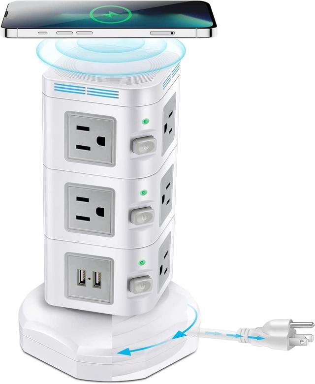 Power Strip Tower with Fast Wireless Charger, Odom 1800 J Surge Protector 4 USB Ports + 10 Outlets + 6 Feet Retractable Extension Cord, Multi Plug Out