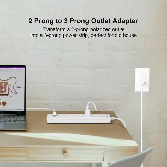 Alt view image 3 of 7 - 2 Prong Power Strip, 10FT Long Extension Cord Surge Protector, 5 Outlets and 3 USB, 13A/1625W, Polarized Two Prong to Three Prong Outlet Adapter Converter, Wall Mount, White