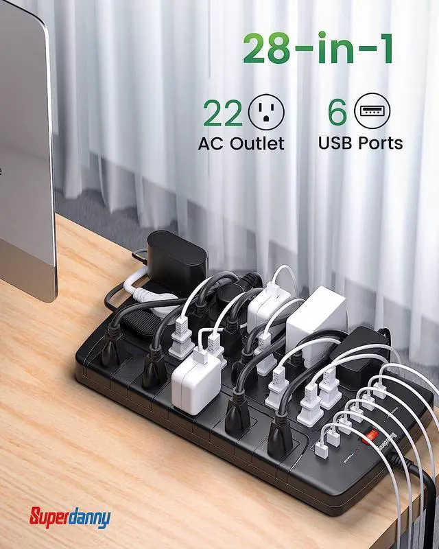 Alt view image 2 of 7 - Power Strip Surge Protector, SUPERDANNY Power Strip with 22 Outlets & 6 USB Ports, 6.5Ft Extension Cord Flat Plug (Black)