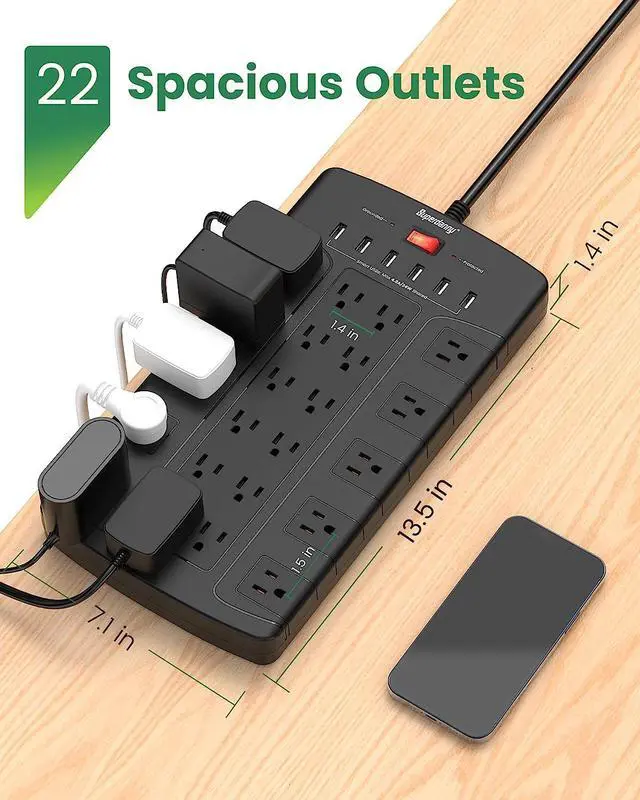 Alt view image 3 of 7 - Power Strip Surge Protector, SUPERDANNY Power Strip with 22 Outlets & 6 USB Ports, 6.5Ft Extension Cord Flat Plug (Black)