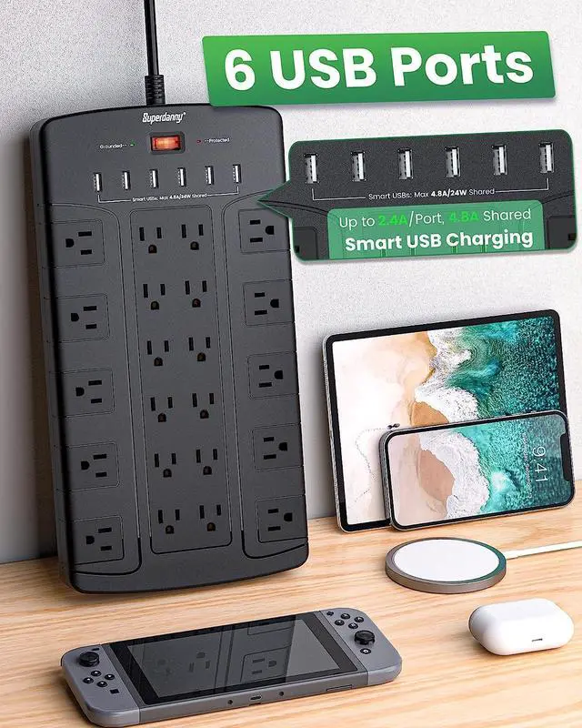 Alt view image 4 of 7 - Power Strip Surge Protector, SUPERDANNY Power Strip with 22 Outlets & 6 USB Ports, 6.5Ft Extension Cord Flat Plug (Black)