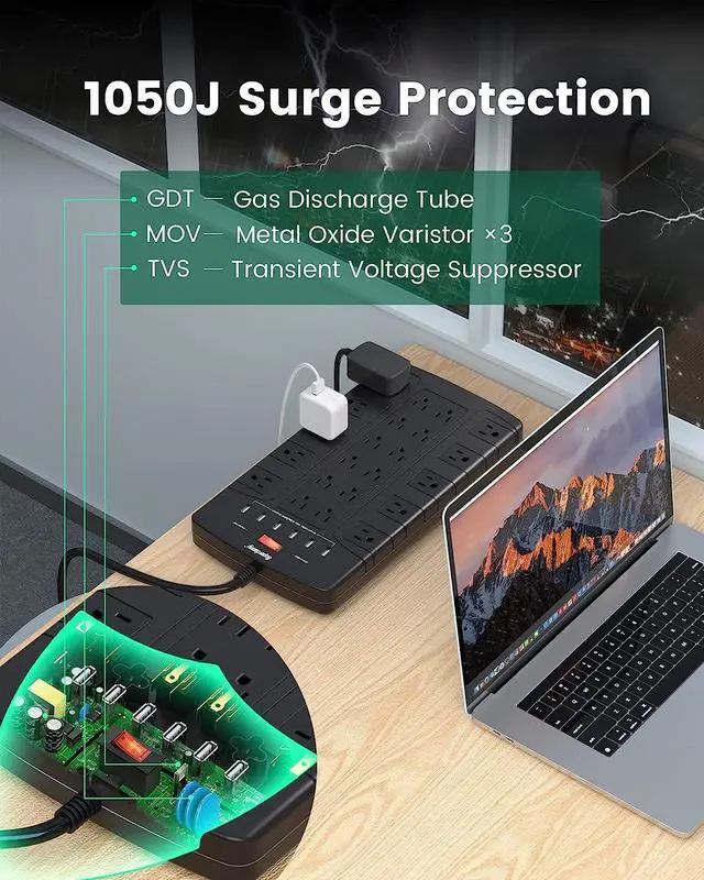 Alt view image 5 of 7 - Power Strip Surge Protector, SUPERDANNY Power Strip with 22 Outlets & 6 USB Ports, 6.5Ft Extension Cord Flat Plug (Black)