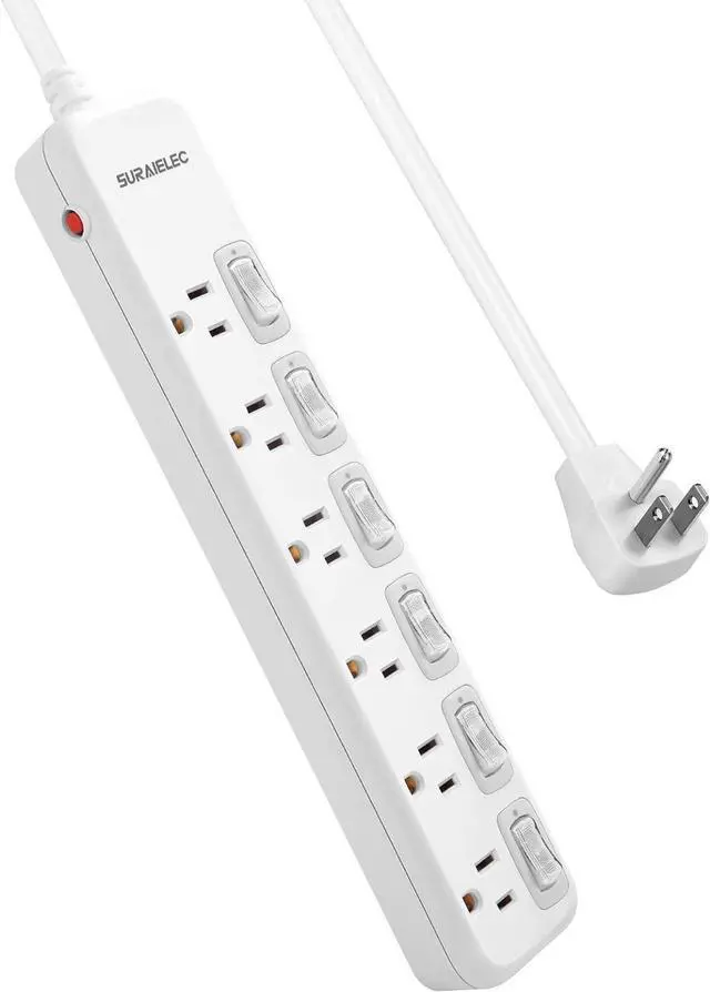 Main image of SURAIELEC Power Strip Individual Switches, 8 FT Long Flat Plug Extension Cord, 6 Outlet Surge Protector with On Off Switches for Each Outlet, 15 AMP Safety Circuit Breaker, Wall Mountable