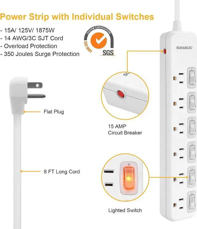 Alt view image 2 of 7 - SURAIELEC Power Strip Individual Switches, 8 FT Long Flat Plug Extension Cord, 6 Outlet Surge Protector with On Off Switches for Each Outlet, 15 AMP Safety Circuit Breaker, Wall Mountable