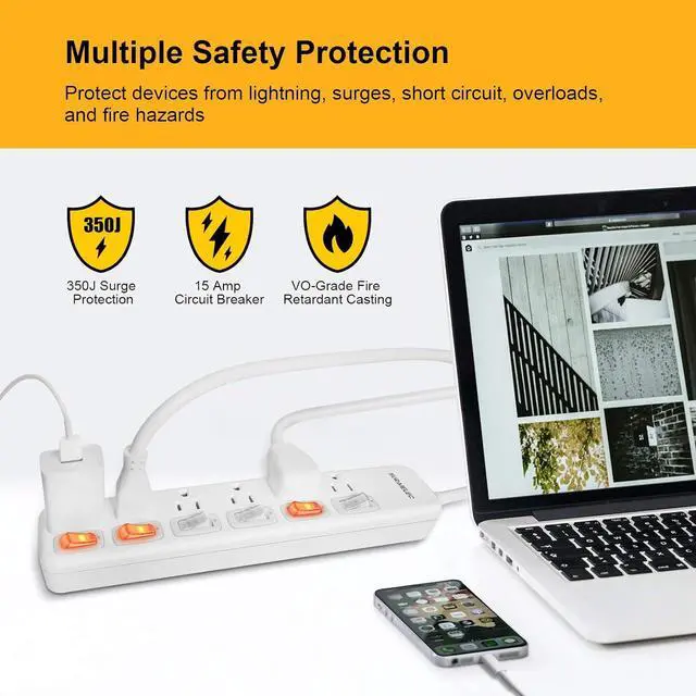 Alt view image 3 of 7 - SURAIELEC Power Strip Individual Switches, 8 FT Long Flat Plug Extension Cord, 6 Outlet Surge Protector with On Off Switches for Each Outlet, 15 AMP Safety Circuit Breaker, Wall Mountable