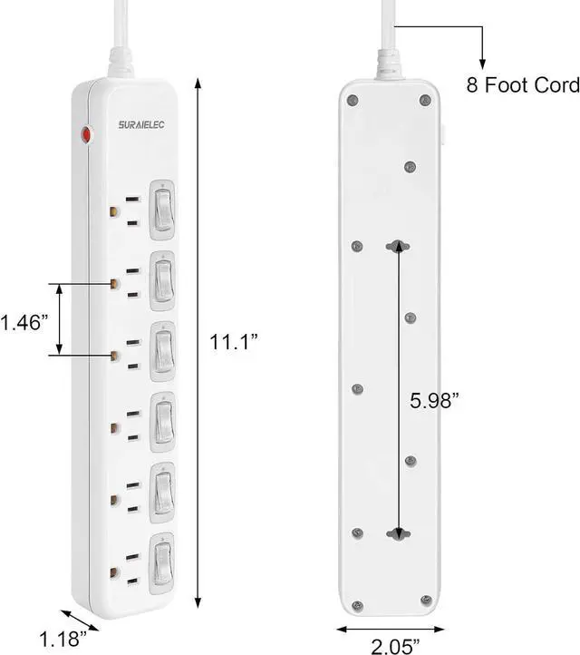 Alt view image 7 of 7 - SURAIELEC Power Strip Individual Switches, 8 FT Long Flat Plug Extension Cord, 6 Outlet Surge Protector with On Off Switches for Each Outlet, 15 AMP Safety Circuit Breaker, Wall Mountable