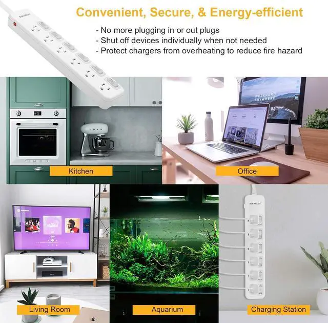 Alt view image 6 of 7 - SURAIELEC Power Strip Individual Switches, 8 FT Long Flat Plug Extension Cord, 6 Outlet Surge Protector with On Off Switches for Each Outlet, 15 AMP Safety Circuit Breaker, Wall Mountable